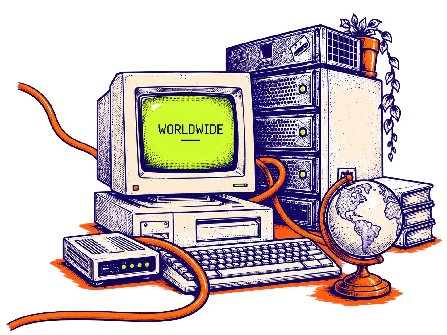 A vintage computer displaying WORLDWIDE beside Usenet servers and a globe, connected by an orange cable.